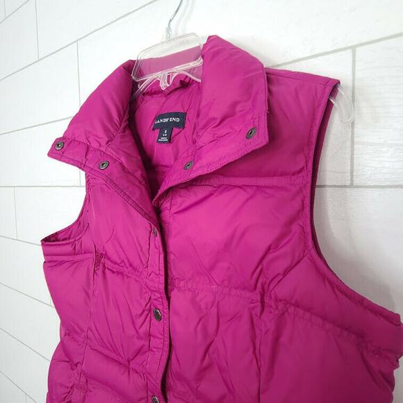 Lands End Puffer Vest Down Feathers Pink Magenta Small Sleeveless Jacket Pockets - Picture 3 of 11